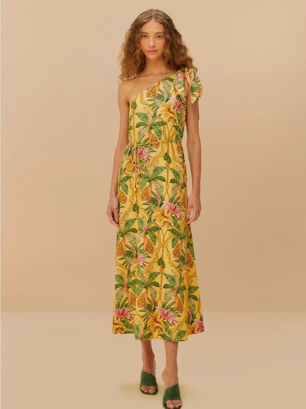FARM Rio Yellow One-Shoulder Tropical Maxi Dress